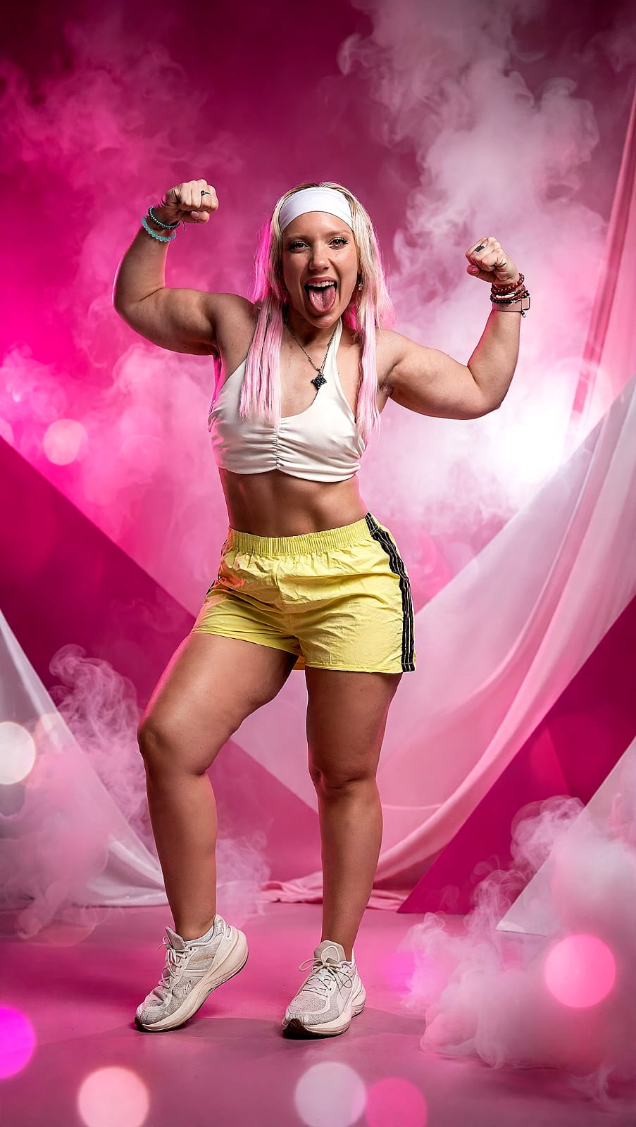 La profesora de ELIG Training posando con energía ante un fondo fucsia